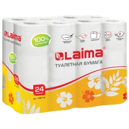 Бумага туалетная бытовая, спайка 24 шт., 2-слойная (24х18,5 м), LAIMA, белая, 128719