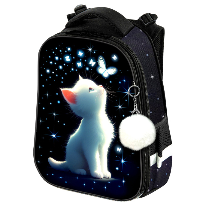 Ранец BRAUBERG PREMIUM, 2 отделения, с брелком, "White kitten", СВЕТЯЩИЙСЯ, 38х29х16 см, 274392