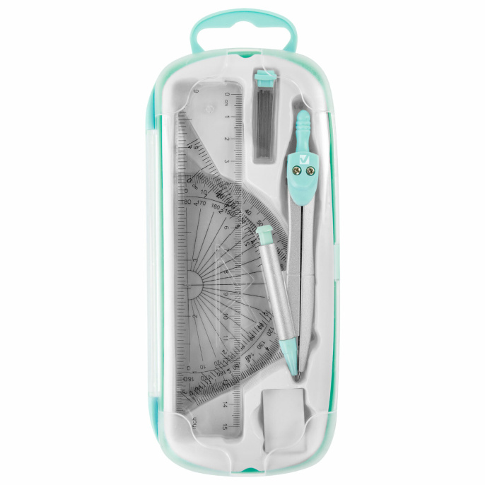 Готовальня BRAUBERG SCHOOL KIT, 9 предметов, циркуль 125 мм, чертежные принадлежности, мятный цвет, 210716