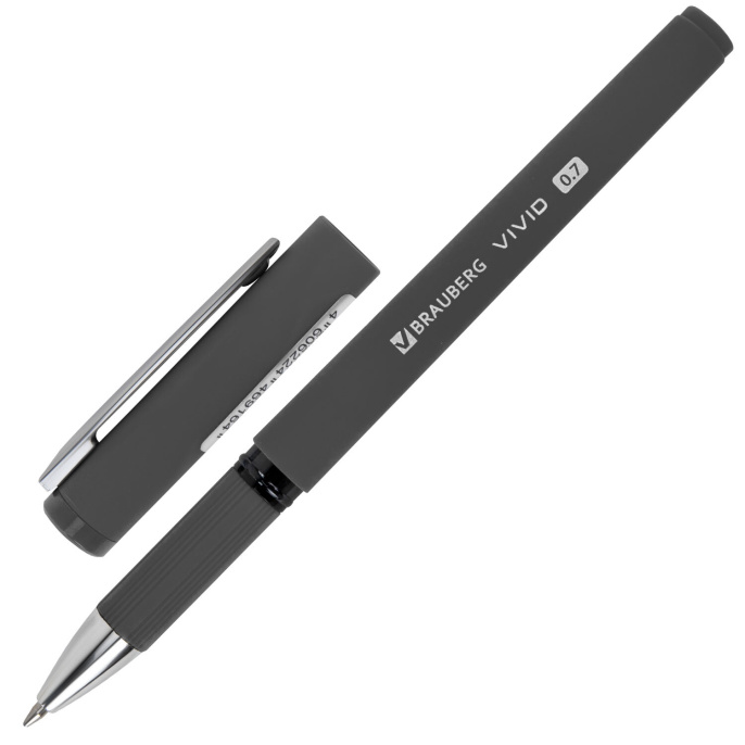 Ручка шариковая с грипом BRAUBERG "VIVID", СИНЯЯ, SOFT TOUCH покрытие, узел 0,7 мм, линия письма 0,35 мм, 144396