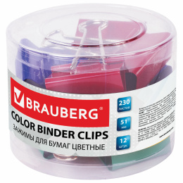 BRAUBERG қағаз қыстырғыштары, 12 дана, 51 мм, 230 Парақ, түрлі-түсті, пластикалық цилиндрде, 221131