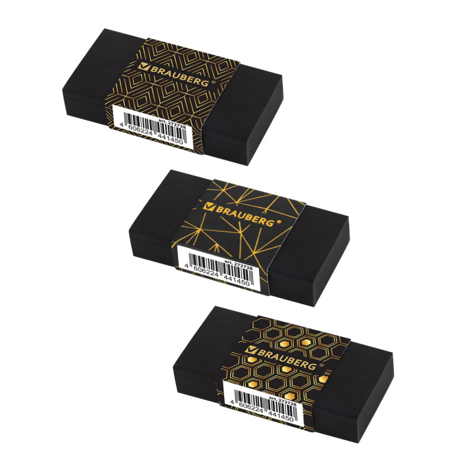 Ластик BRAUBERG "GOLDEN BLACK", 50х24х10 мм, прямоугольный, картонный держатель, экологичный ПВХ, ассорти, 272728