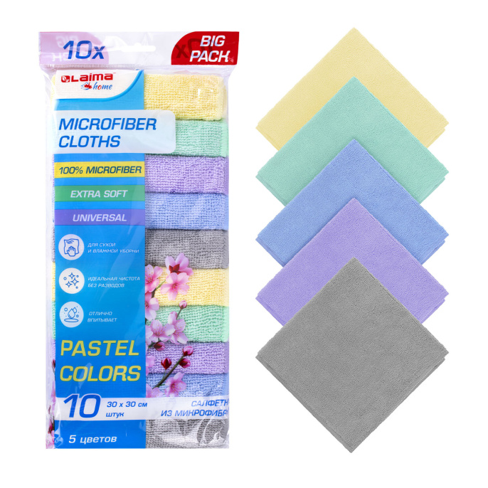 Салфетки из МИКРОФИБРЫ 30х30 см PASTEL COLOUR, big pack, КОМПЛЕКТ 10 штук, 180 г/м2, LAIMA HOME, 700608