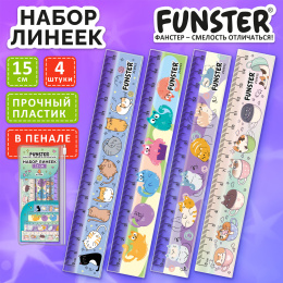 Линейки пластиковые 15 см FUNSTER (ФАНСТЕР), "КОТЫ", НАБОР 4 штуки, пенал, 210915