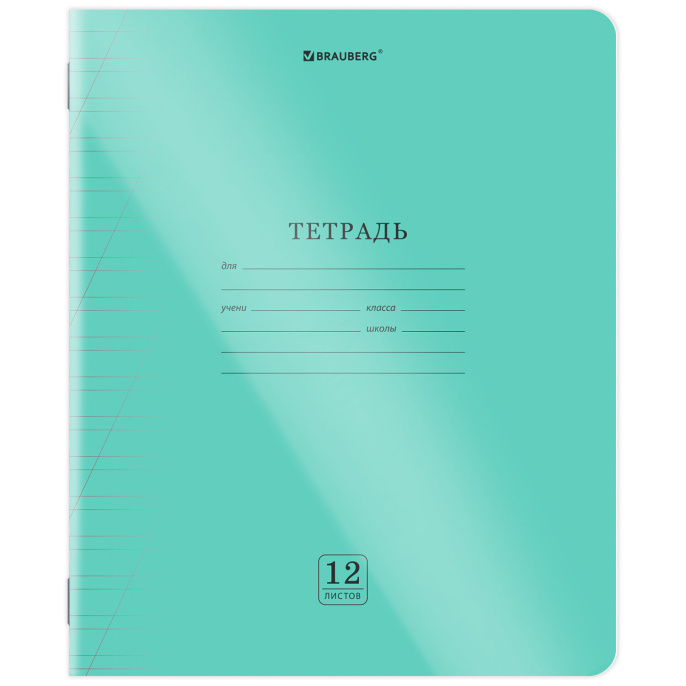 Тетрадь пластиковая обложка (прозрачная) 12 листов, косая линия, BRAUBERG "Smart Cover", ЗЕЛЕНАЯ, 405021