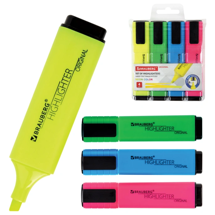 4 түсті Мәтін бөлгіштер жиынтығы, BRAUBERG "ORIGINAL NEON", 1-5 мм жазу сызығы, 152215