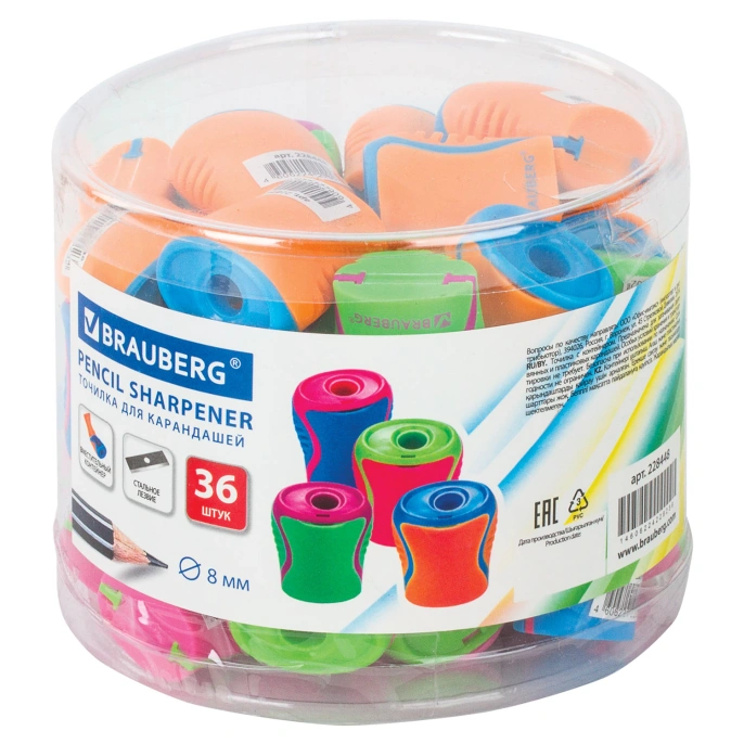 Точилка BRAUBERG "Mix", с контейнером, пластиковая, корпус ассорти, 228448