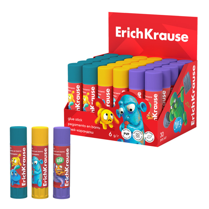 Клей-карандаш ErichKrause Лёгкое склеивание Весёлые друзья, 6г (в коробке-дисплее по 30 шт.)
