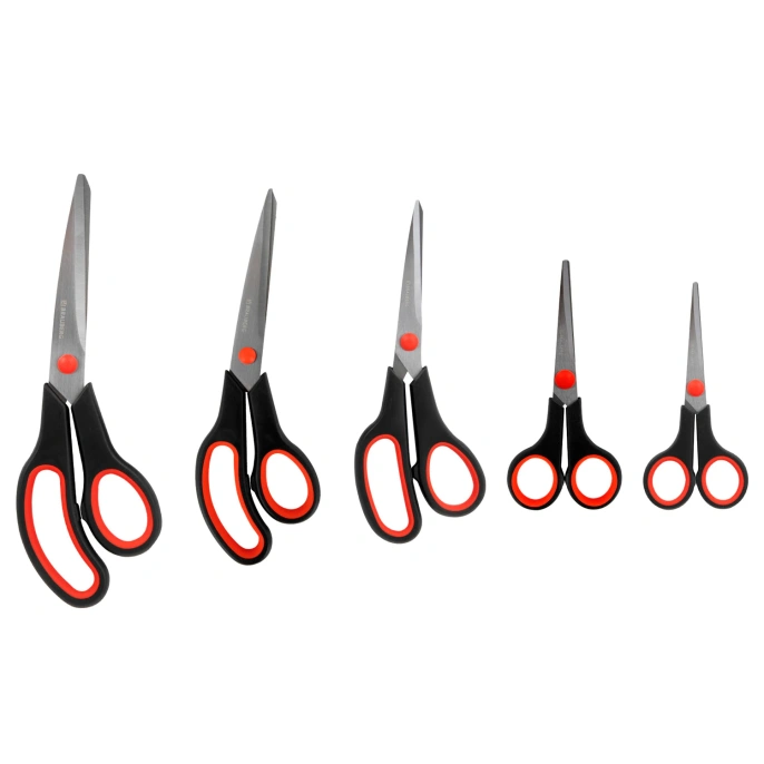 Ножницы BRAUBERG SOFT GRIP НАБОР 5 штук (140, 170, 190, 220, 240 мм), эргономичные черно-красные ручки, ВЫГОДНАЯ УПАКОВКА, 238410