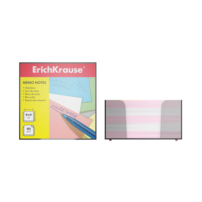 Бумага для заметок ErichKrause, 90x90x50 мм, 2 цвета: белый, розовый, в пластиковой подставке