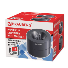 30 қағаз қыстырғышы бар brauberg магнитті қағаз қыстырғыш, үлкен бөшке, қара, 225191