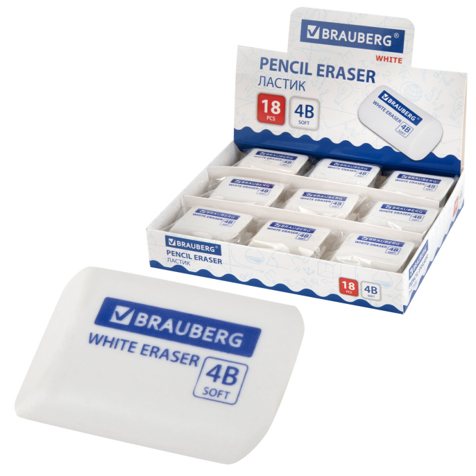 Ластик BRAUBERG "WHITE", 45х28х12 мм, скошенный, белый, 272734