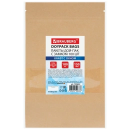 Пакеты дой-пак с замком ZIP LOCK, крафт с окном 60 мм, 170х240 + 40 мм, КОМПЛЕКТ 100 штук, 150 мкм, BRAUBERG, 700692