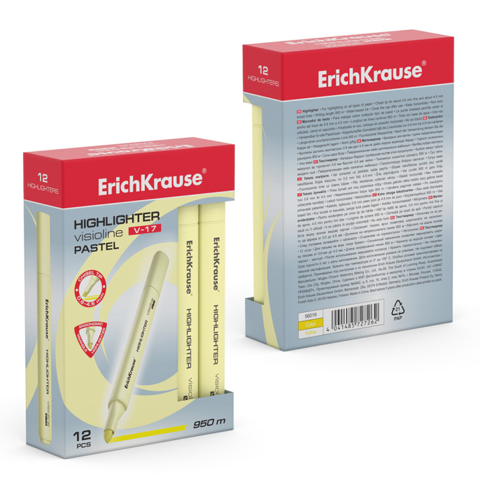 Маркер для выделения текста ErichKrause VisioLine® V-17 Пастель, цвет чернил желтый (в коробке по 12 шт.)