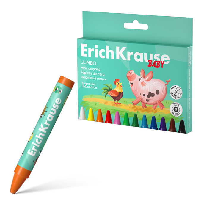 Восковые мелки ErichKrause для малышей утолщенные Jumbo круглые, 11 мм, 12 цветов (в коробке с европодвесом 12 шт)