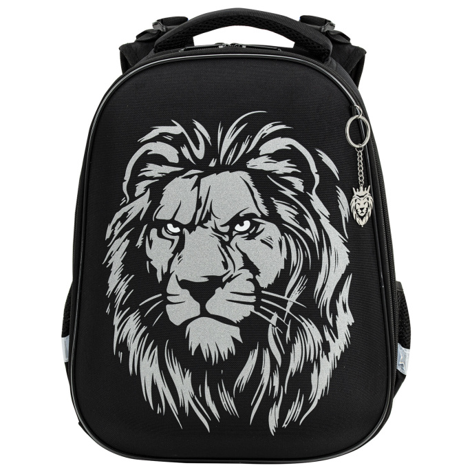 Ранец BRAUBERG SHINY, 2 отделения, с брелком, "Savage lion", светящийся рисунок, 38х28х14 см, 272039