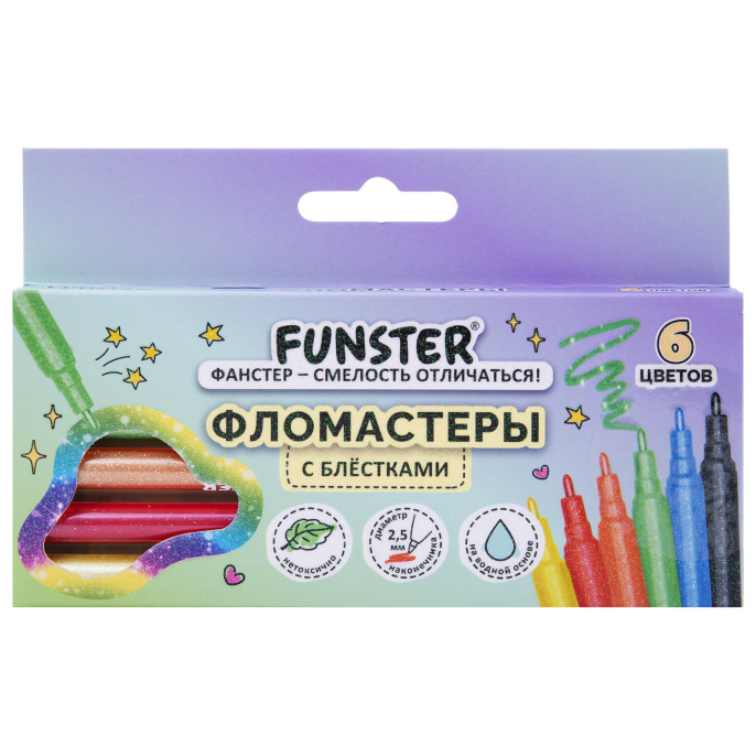 Фломастеры с блестками FUNSTER (ФАНСТЕР) "GLITTER" 6 цветов, ударопрочный наконечник, 152628