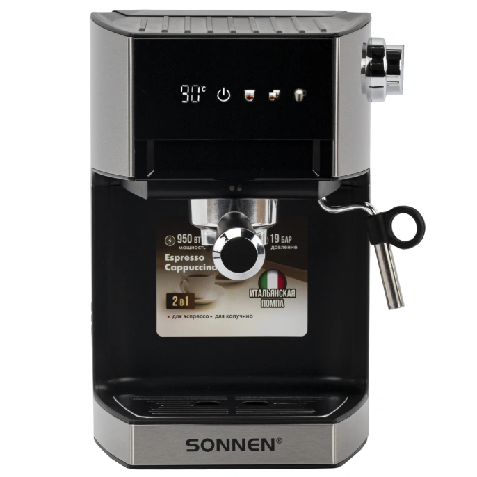 Кофеварка рожковая с дисплеем SONNEN CM-2066, ручной капучинатор, сенсор, 1 л, 950 Вт, 19 бар, 457882
