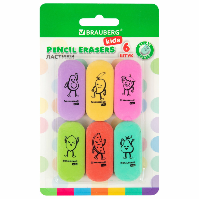 Ластики BRAUBERG KIDS "Fruits", НАБОР 6 штук, 50х23х10 мм, овальные, ассорти, 272669