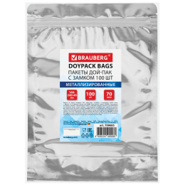 Пакеты дой-пак с замком ZIP LOCK, металлизированная + прозрачная стенка, 160х240 + 40 мм, КОМПЛЕКТ 100 штук, 70 мкм, BRAUBERG, 700685