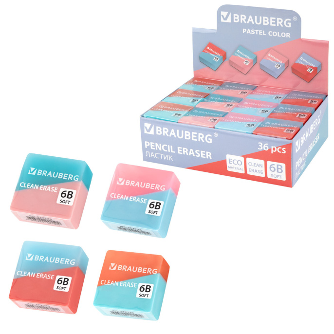 Ластик BRAUBERG "PASTEL COLOR DUO", 34х34х14 мм, квадратный, экологичный ПВХ, ассорти, 272733