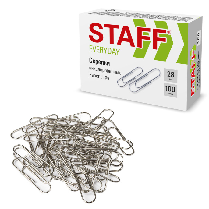 STAFF "EVERYDAY" қағаз қыстырғыштары, 28 мм, никельмен қапталған, 100 дана, картон қорапта, 226758