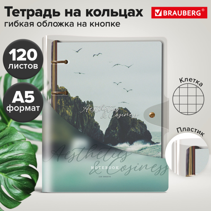 A5 180x220, 120L сақиналы дәптер, икемді пластик, клапан, стикерлер, BRAUBERG STYLISH, Nature, 405226