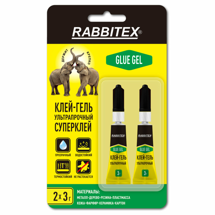 Клей-гель секундный суперклей УЛЬТРАПРОЧНЫЙ, набор 2х3 грамм, RABBITEX (РАББИТЕКС) "ДВА СЛОНА", 609814