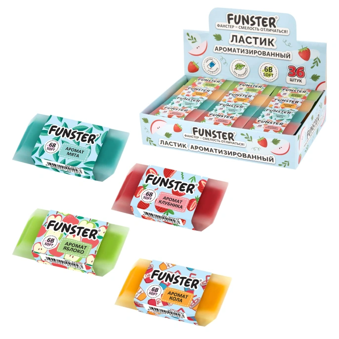 Ластик ароматизированный FUNSTER (ФАНСТЕР) "SWEET", 54х23х10 мм, скошенный, картонный держатель, экологичный ПВХ, ассорти, 272727