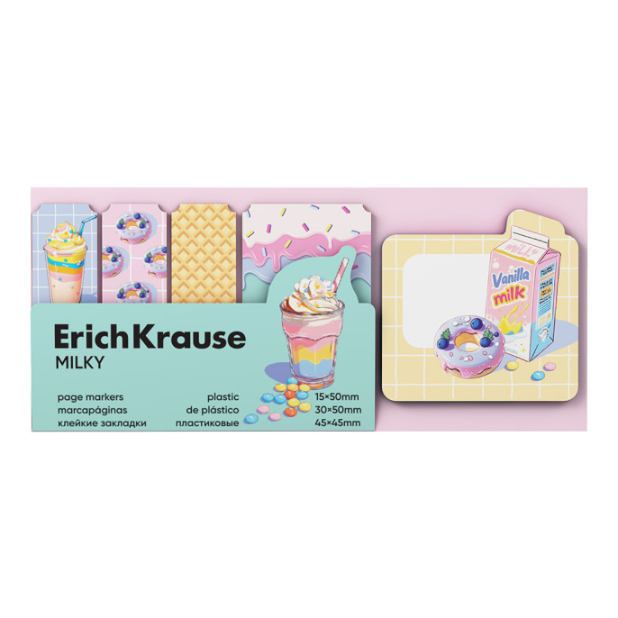 Клейкие закладки пластиковые ErichKrause Сливки, 15х50 мм, 30х50 мм, 45х45 мм, 100 листов, ассорти