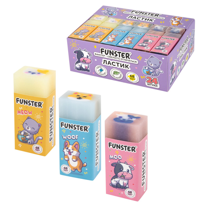 Ластик FUNSTER (ФАНСТЕР) "PETS", 50х21х16 мм, прямоугольный, картонный держатель, экологичный ПВХ, ассорти, 272725