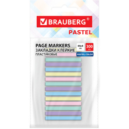 Закладки клейкие пастельные BRAUBERG PASTEL, 44х4 мм, 300 штук (15 блоков х 20 листов), 116683