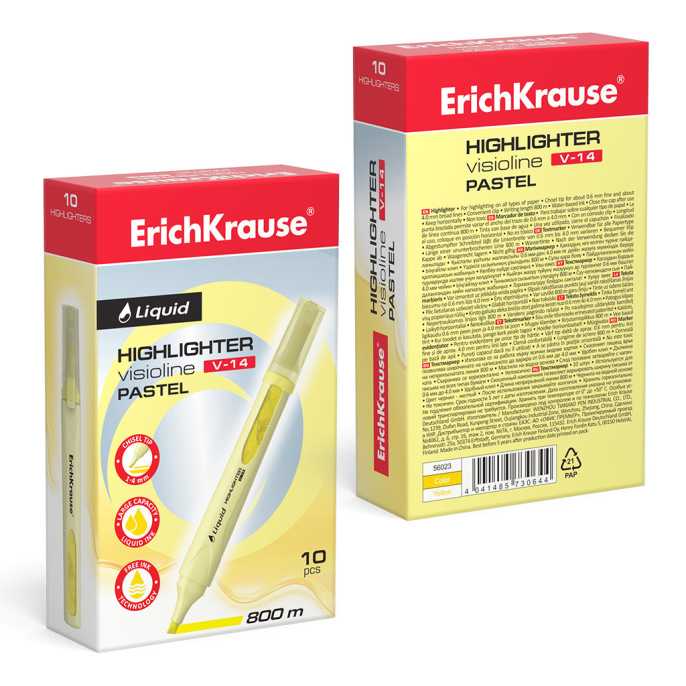 Маркер для выделения текста с жидкими чернилами ErichKrause VisioLine® V-14 Пастель, цвет чернил желтый (в коробке по 10 шт.)
