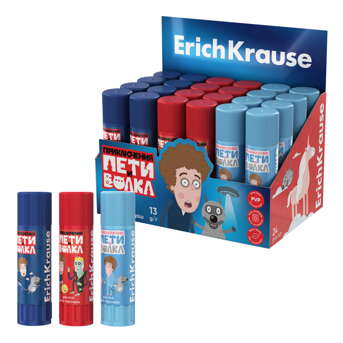 Клей-карандаш ErichKrause Лёгкое склеивание Приключения Пети и Волка, 13г, ассорти (в коробке-дисплее по 24 шт.)