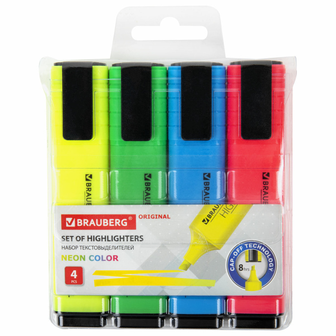 4 түсті Мәтін бөлгіштер жиынтығы, BRAUBERG "ORIGINAL NEON", 1-5 мм жазу сызығы, 152215