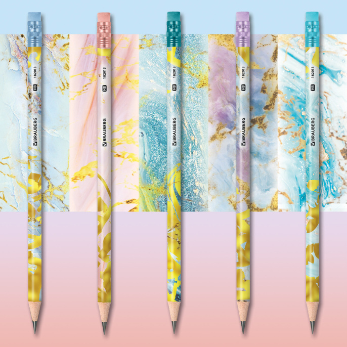 BRAUBERG "MARBLE" қара графитті қарындаш, 1 дана, HB, өшіргішпен, ассорти корпусы, 182013