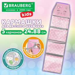 Brauberg KIDS балабақшасына арналған шкафқа ұйымдастырушы қалта, Velcro бекіту, стикерлер-кеңестер, 24х88 см, "қызғылт мысық", 274465