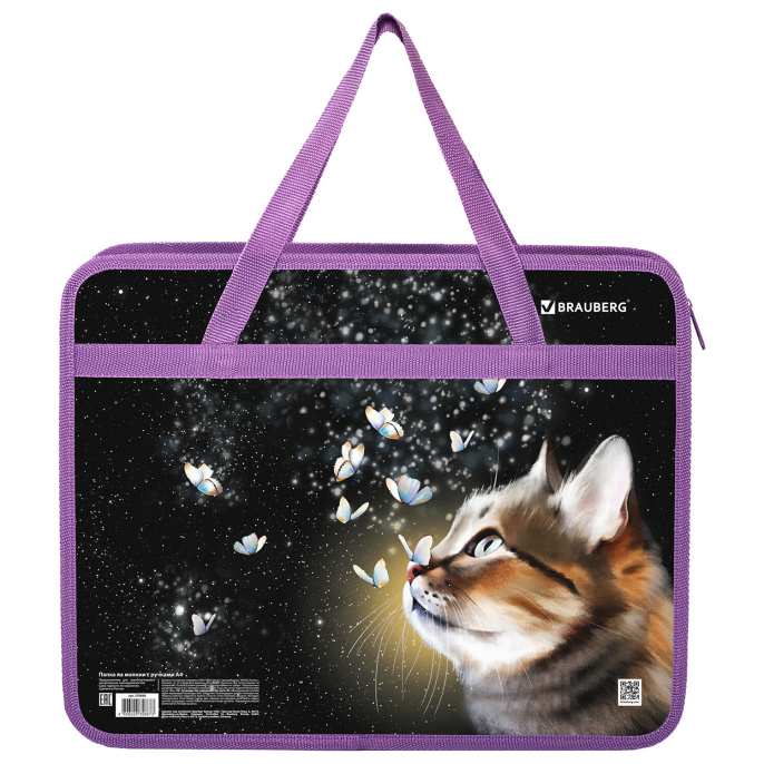 Папка на молнии с ручками BRAUBERG А4, 1 отделение, пластик, 80 мм, "Dream cat", 270868