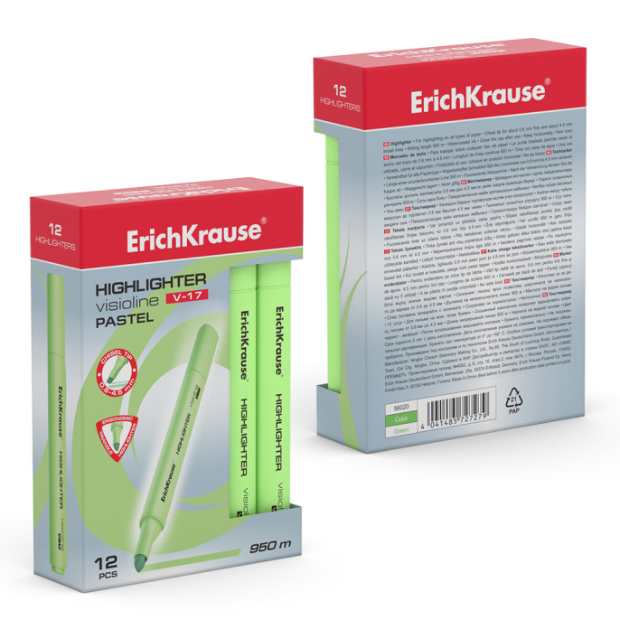 Маркер для выделения текста ErichKrause VisioLine® V-17 Пастель, цвет чернил зеленый (в коробке по 12 шт.)