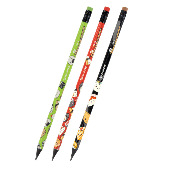 BRAUBERG "JAPAN FOOD" басып шығарылған қара графитті қарындаш, 1 дана, HB, өшіргішпен, ассорти корпусы, 182022