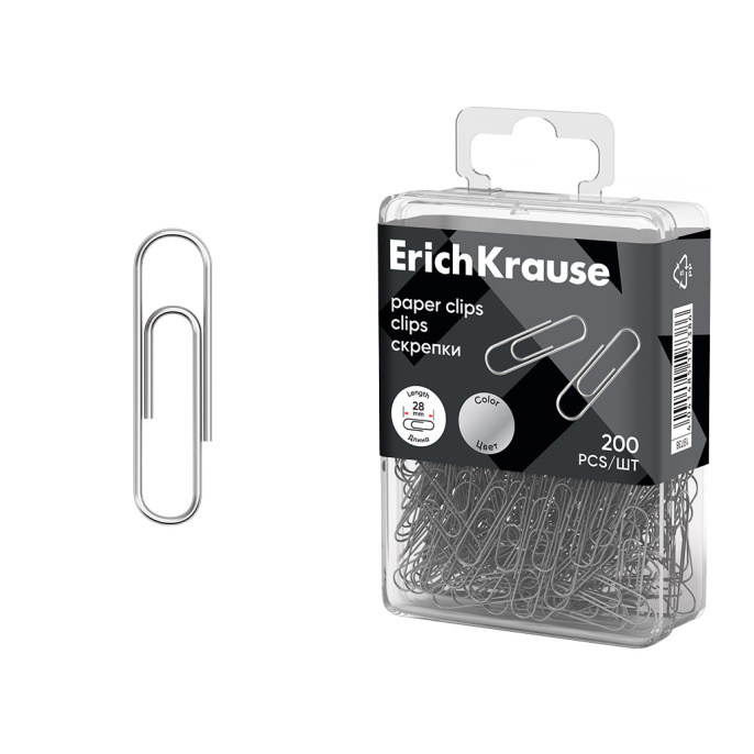 Скрепки металлические ErichKrause 28 мм (в пластиковой коробке по 200 шт.)