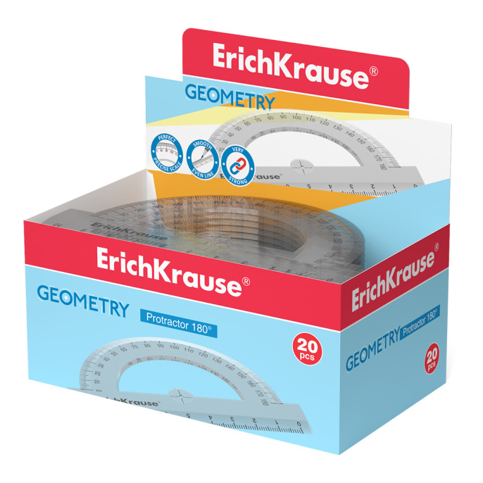 Транспортир пластиковый ErichKrause Прозрачность, 180°/10см, прозрачный (в коробке-дисплее по 20 шт)