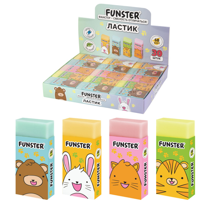 Ластик FUNSTER (ФАНСТЕР) "ANIMALS", 50х24х10 мм, прямоугольный, картонный держатель, экологичный ПВХ, ассорти, 272730