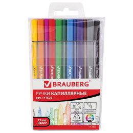 BRAUBERG капиллярлық қалам (линер) жинағы 12 дана, АССОРТИ, "Aero", үшбұрышты, металл ұшы, жазу сызығы 0,4 мм, 141525