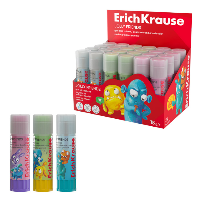 ErichKrause желім қарындаш жеңіл желім Көңілді достар, 15г, түрлі-түсті (24 дана дисплей қорабында)