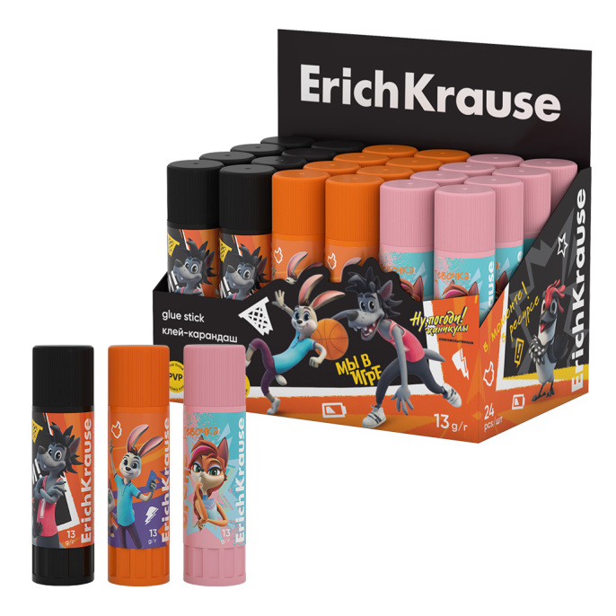 Клей-карандаш ErichKrause Лёгкое склеивание «Ну, Погоди! Каникулы», 13г, ассорти (в коробке-дисплее по 24 шт.)