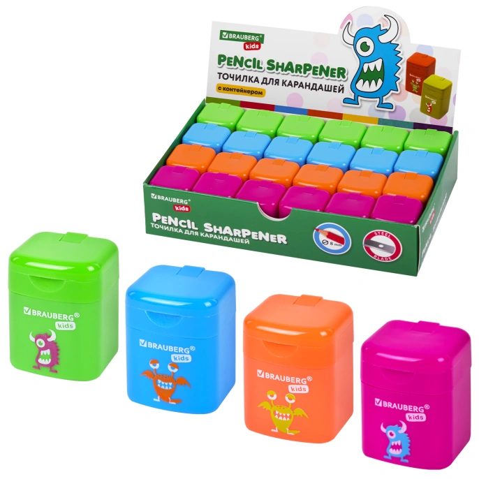 Точилка BRAUBERG KIDS "Монстрик", с контейнером, корпус ассорти, 271946