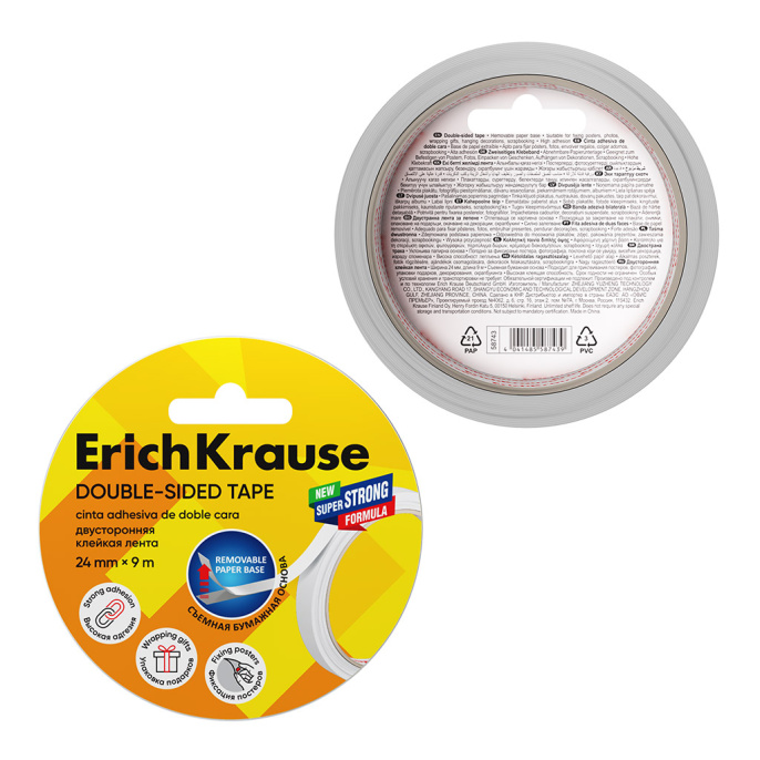 Двусторонняя клейкая лента ErichKrause 24ммх9м, прозрачный (в пленке по 1 шт.)