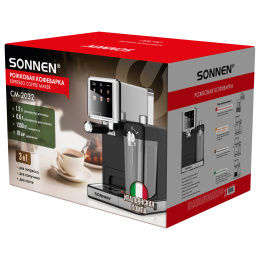 Кофеварка рожковая со встроенным капучинатором SONNEN CM-2032, сенсор, 1,2 л, 1350 Вт, 19 бар, 457881