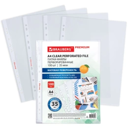Папки-файлы перфорированные А4 BRAUBERG "PREMIUM", КОМПЛЕКТ 100 шт., матовые, 35 мкм, 273005